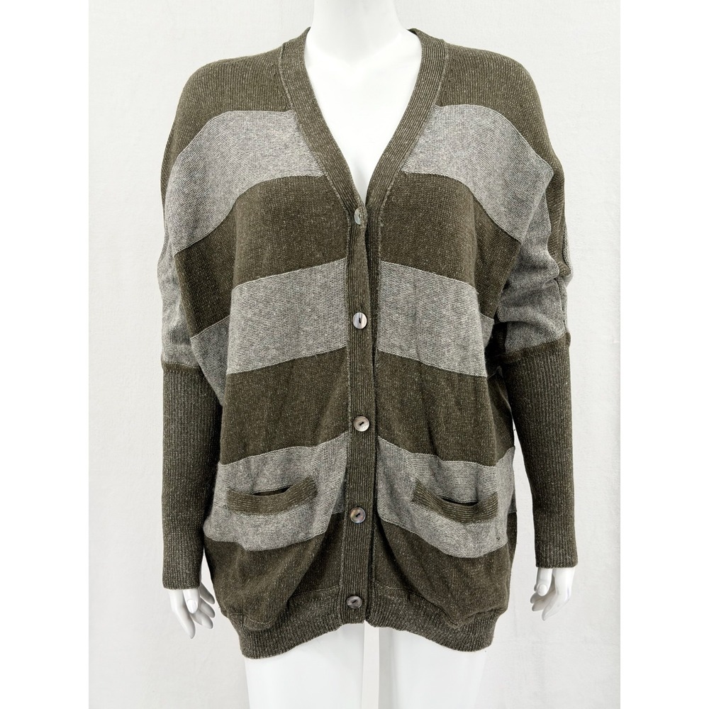 Kokun Sweater Womens XL Green Gray Stripe Wool Cashmere Oversized Cardigan Fall